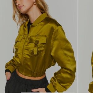Green satin Bomber Jacket with Ribbed Cuffs and Zipper Closure